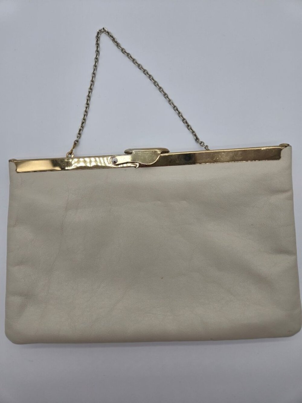 Vintage Etra Cream Ivory Genuine Leather Handbag Clutch Gold Hardware EUC